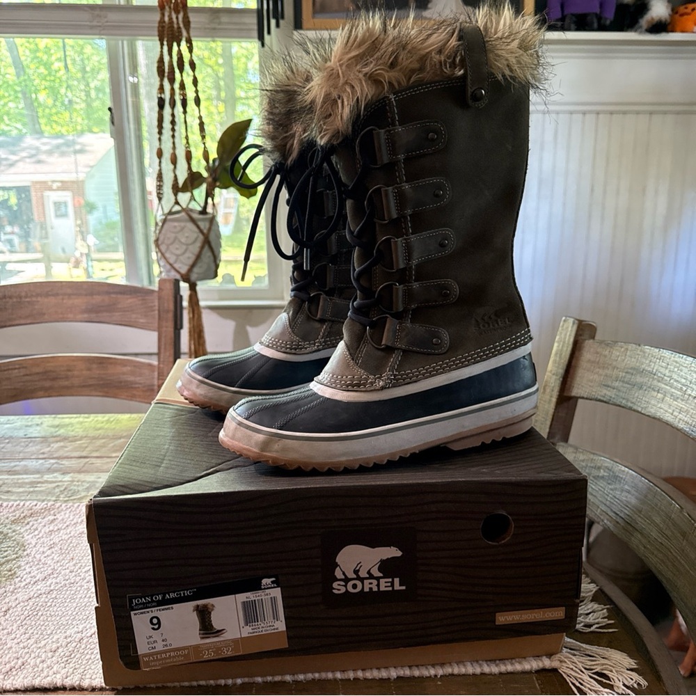 Sorel Joan of Arc Women's Suede Winter Lace-Up Fur-Trim Boots - Gray/Blue size 9